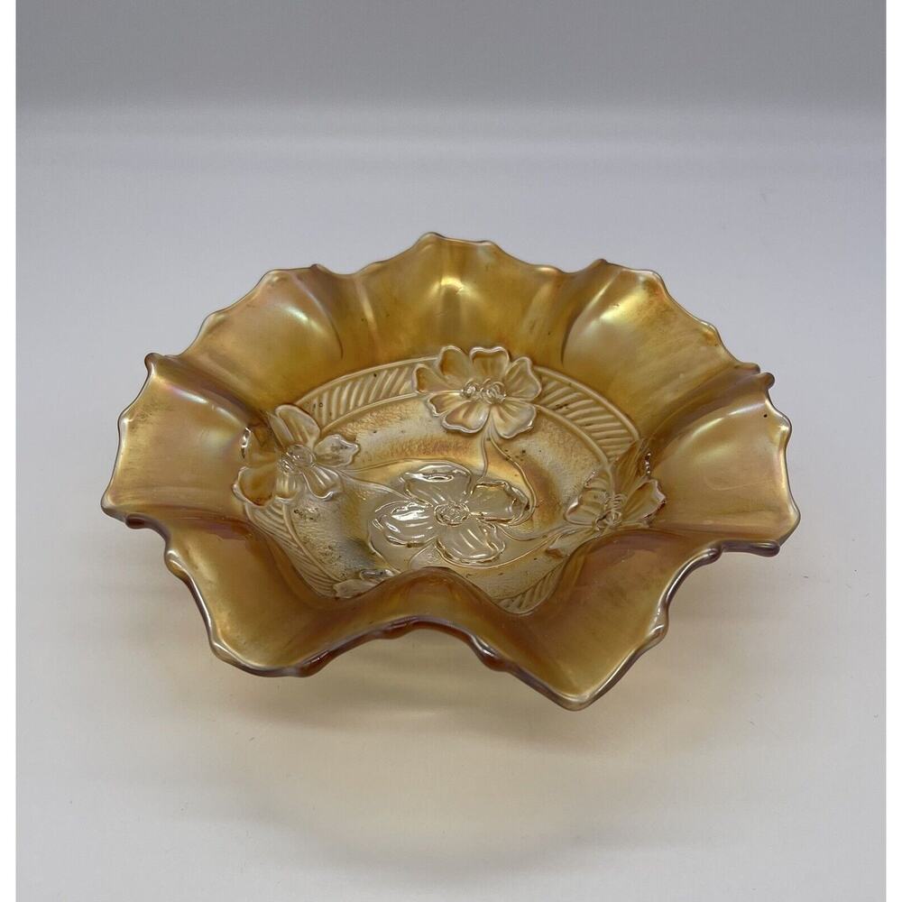 Dugan Diamond Glass Iridized Marigold Carnival Apple Blossom 7 3/4" Ruffled Bowl